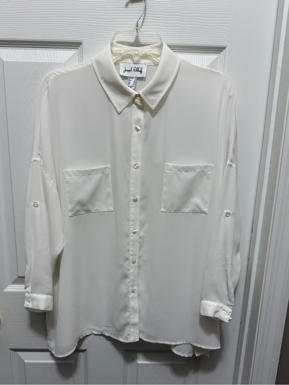 Joseph Ribkoff Ivory Cream Button Down Blouse Size 10 Pockets Roll Tab Sleeves